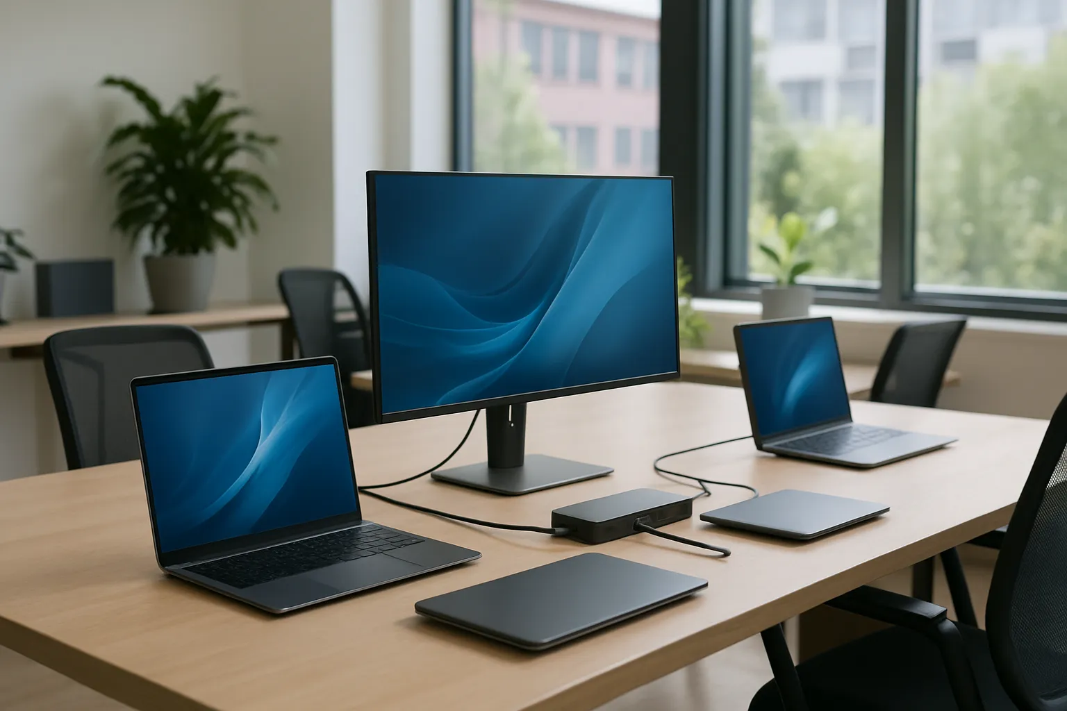 Kantoorwerkplek met laptops en monitoren, een voorbeeld van it-apparatuur die je zakelijk kunt leasen