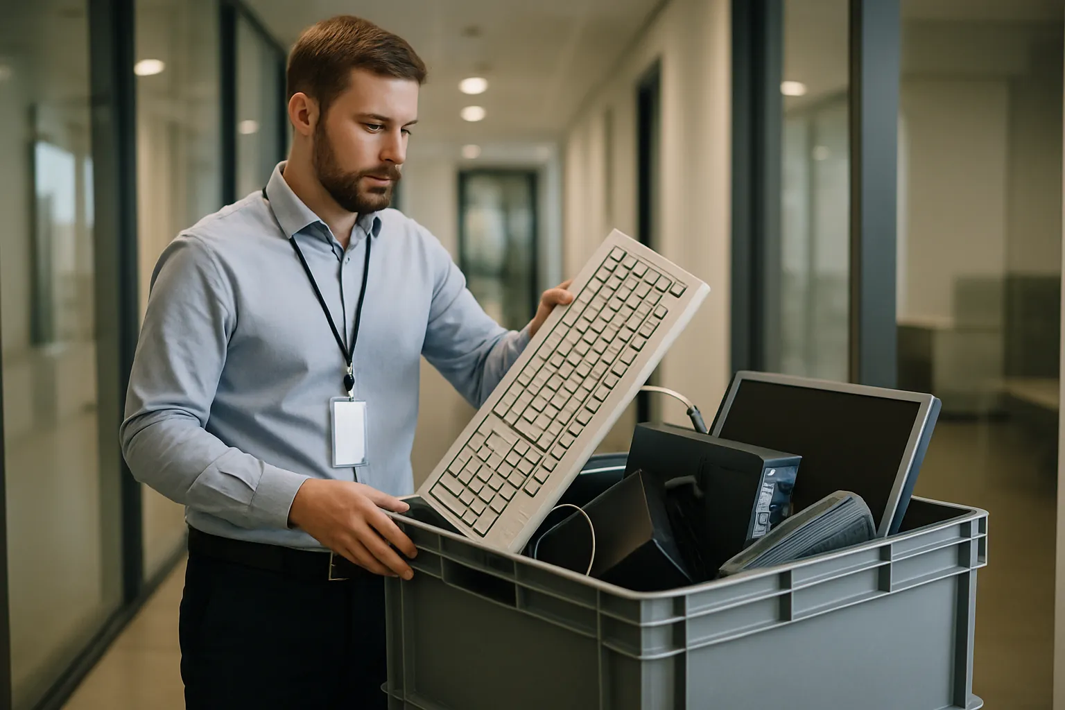 Medewerker legt een oud toetsenbord in een inzamelkist voor elektronisch afval op kantoor