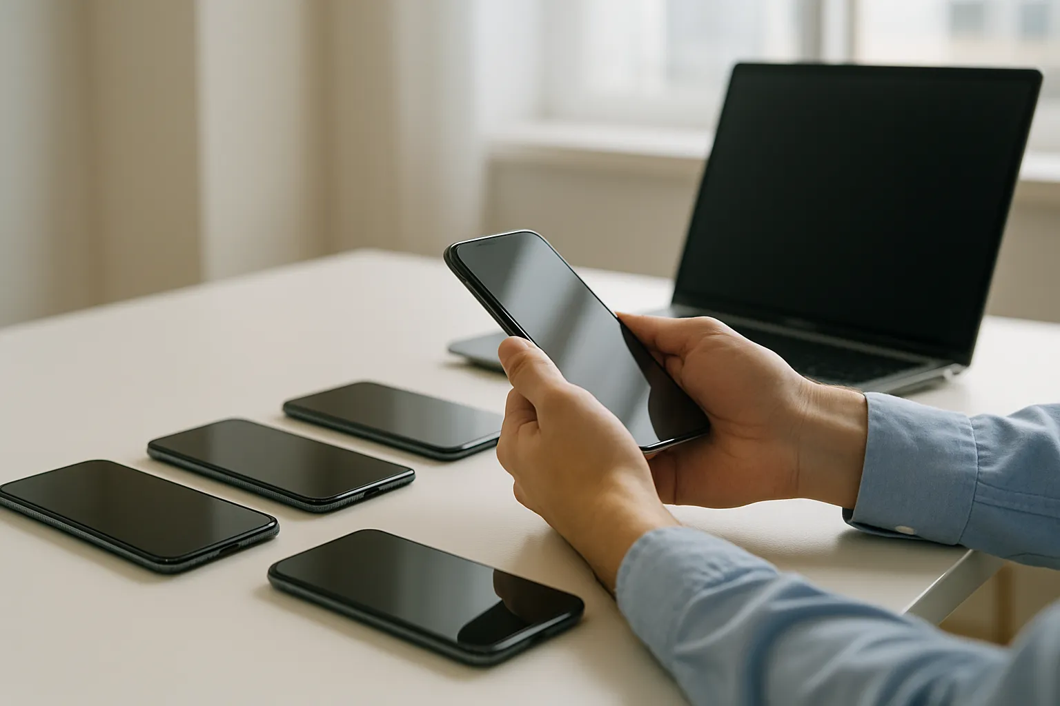 Meerdere zakelijke smartphones en een laptop op een bureau voor centraal telefoonbeheer