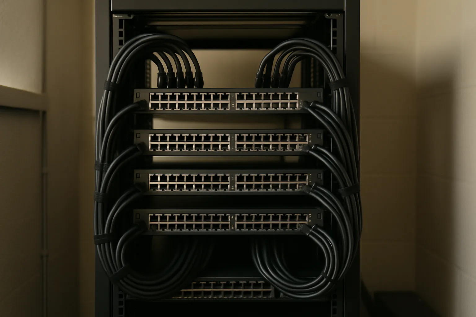 Serverkast met netwerkswitches en bekabeling, apparatuur die je voor zakelijk gebruik kunt leasen