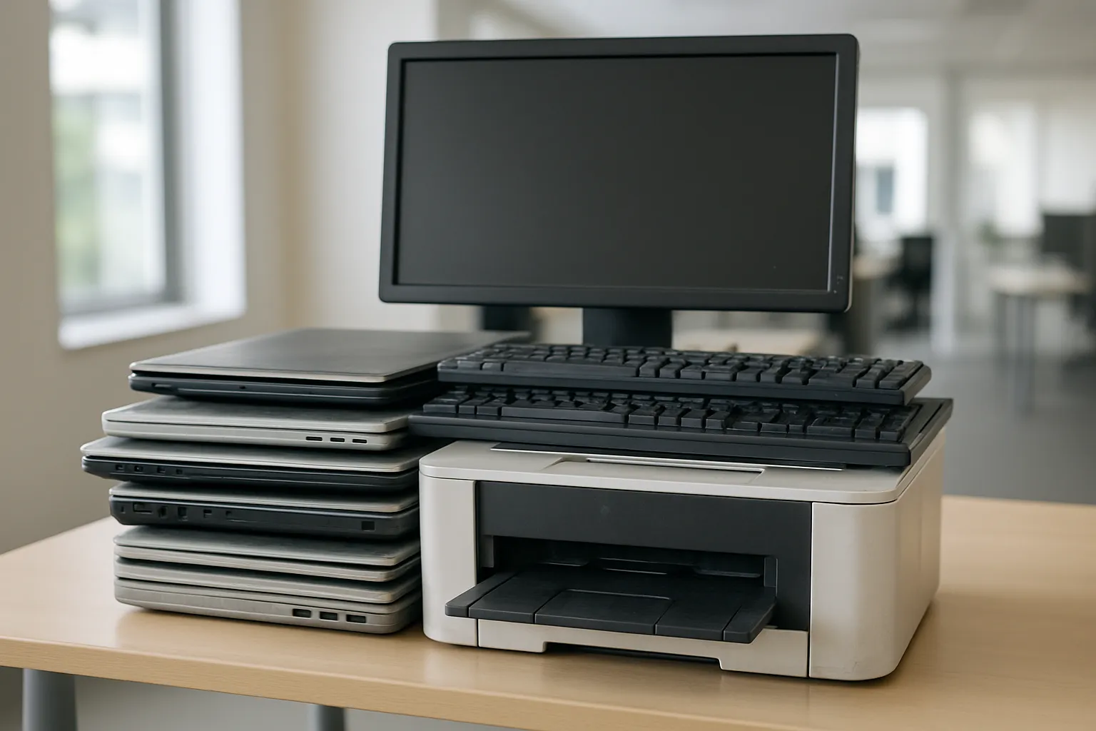 Stapel oude kantoorelektronica zoals laptops, monitoren en een printer, klaar om ingezameld te worden