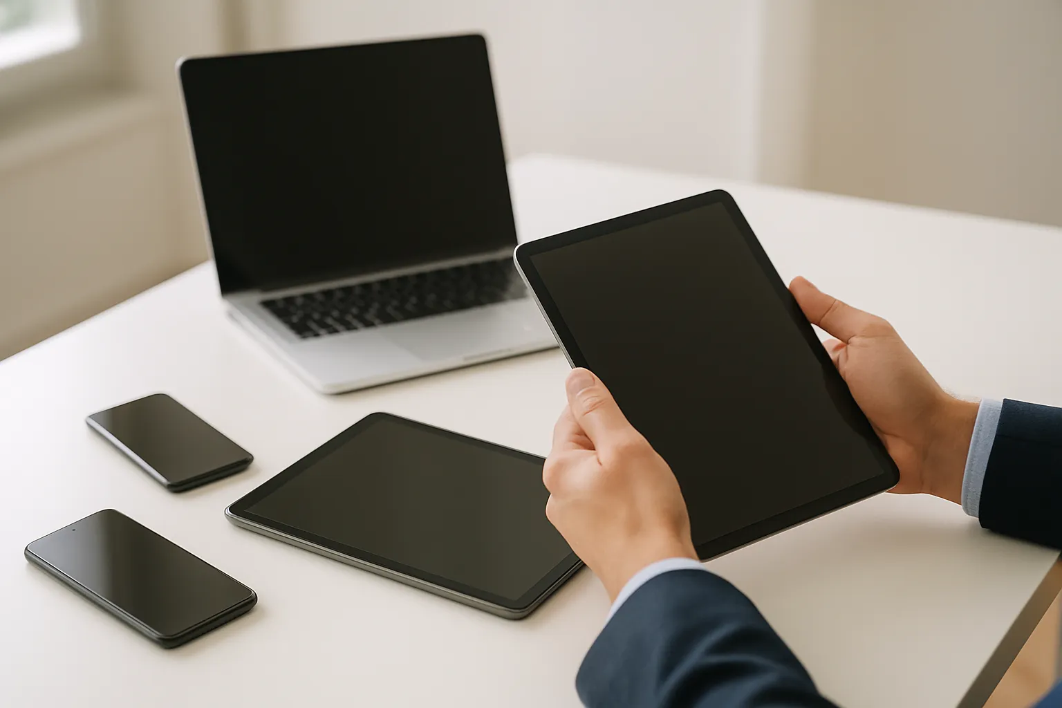 Zakelijke smartphones, tablets en een laptop op een bureau, klaar om centraal te beheren